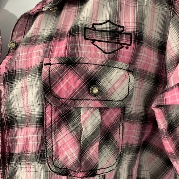 Harley Davidson Button-Down Plaid Shirt Button/Cuffed Sleeves Pink/Black/White - Picture 6 of 14